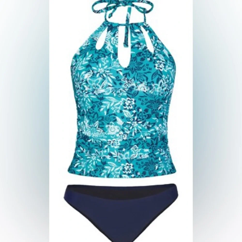 Cupshe Women's Halter Tankini Navy‎ Blue Floral Swimsuit NWT Size L - Picture 3 of 3